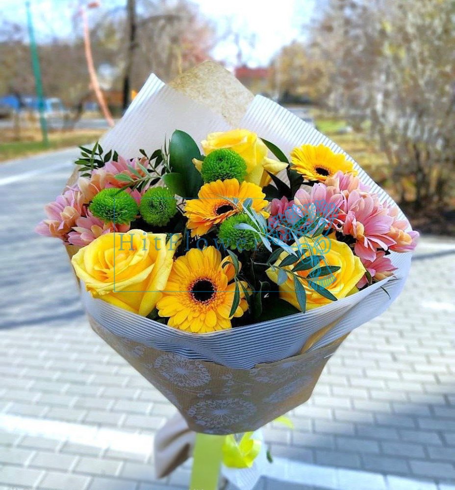 Букет цветов Солнечное Утро Букет цветов из: Розы, Герберы и Хризантемы
